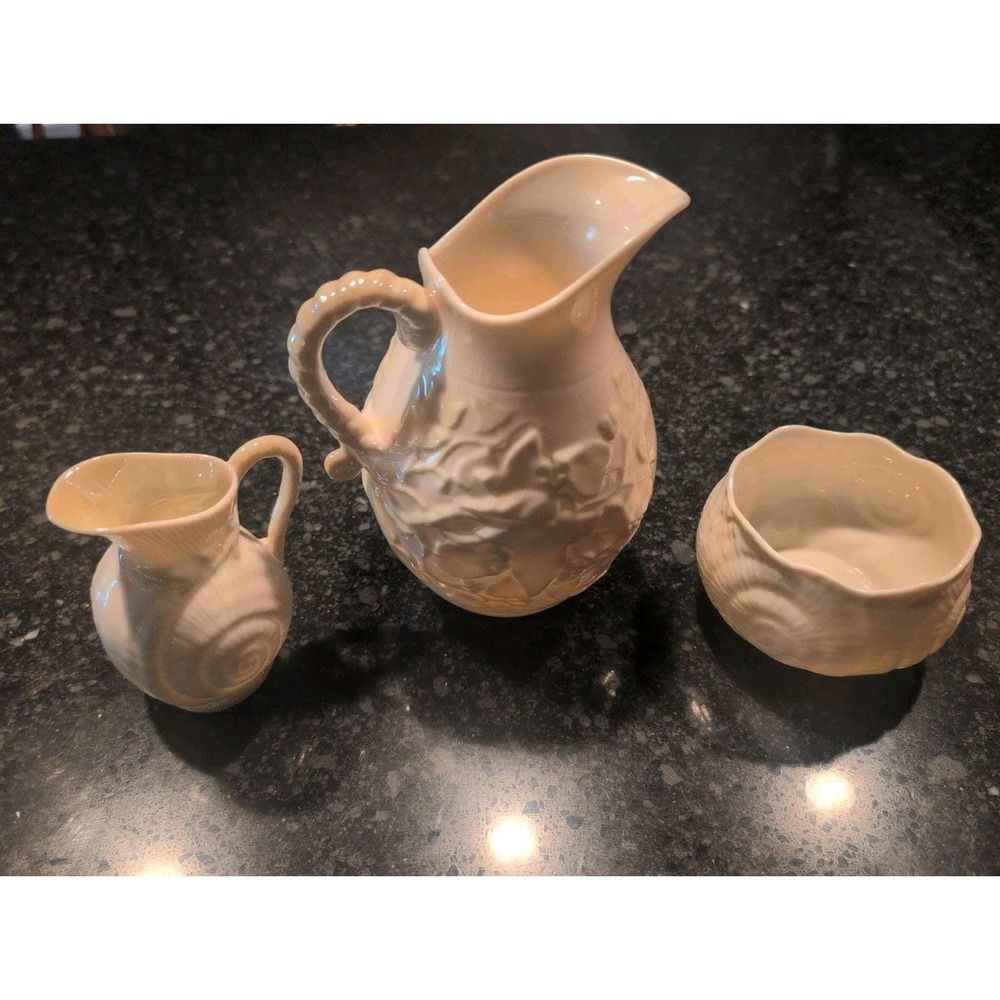 3 Vintage Pieces of BELLEEK Made in Ireland Vase 2 Pitchers 1 Dish
